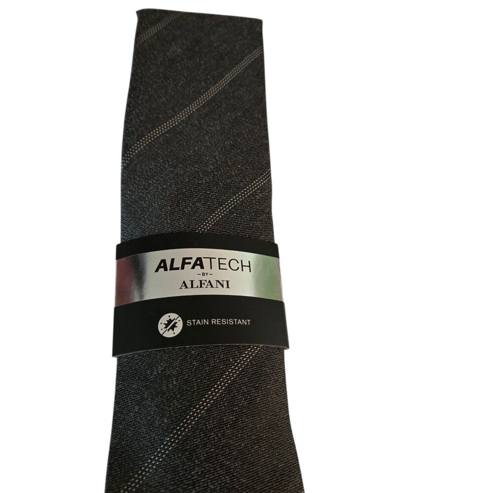 Alfani Necktie Louise Stripe Skinny Charcoal Stain Resistant Alfatech NEW